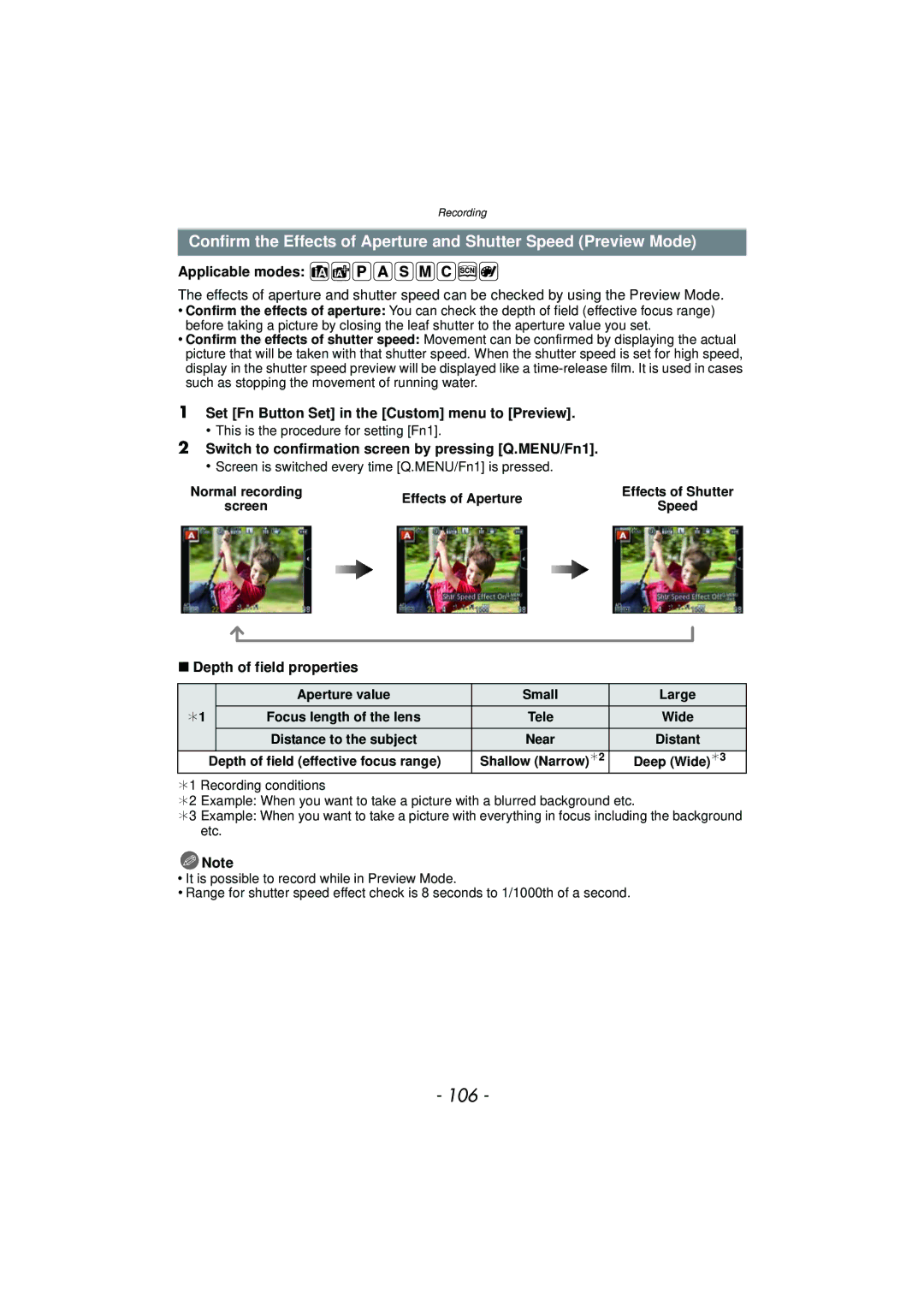 Panasonic DMC-GF5 owner manual 106, Set Fn Button Set in the Custom menu to Preview, Depth of field properties 