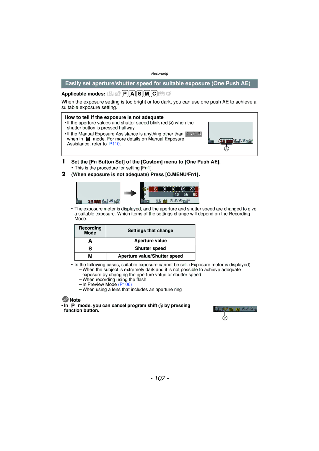 Panasonic DMC-GF5 107, How to tell if the exposure is not adequate, When exposure is not adequate Press Q.MENU/Fn1 