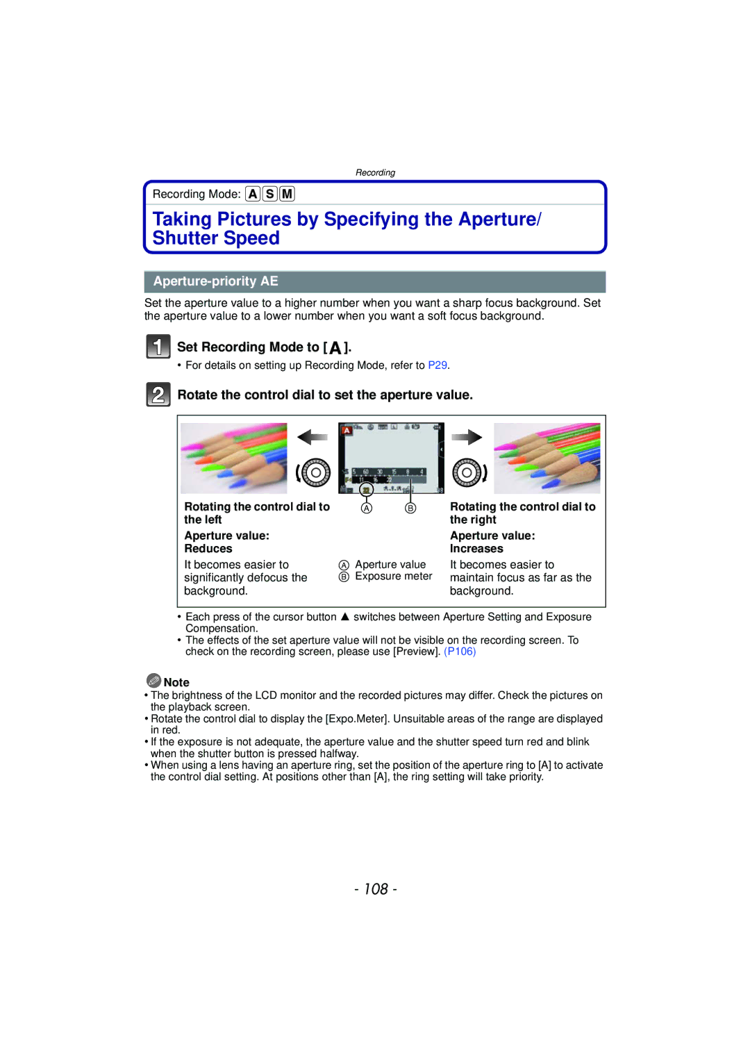 Panasonic DMC-GF5 owner manual Taking Pictures by Specifying the Aperture/ Shutter Speed, 108, Aperture-priority AE 