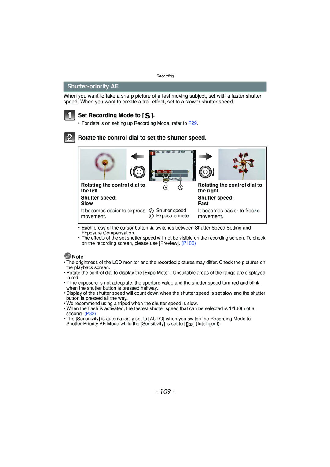 Panasonic DMC-GF5 owner manual 109, Shutter-priority AE, Rotate the control dial to set the shutter speed 