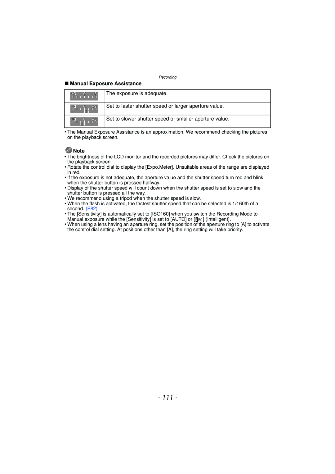 Panasonic DMC-GF5 owner manual 111, Manual Exposure Assistance 