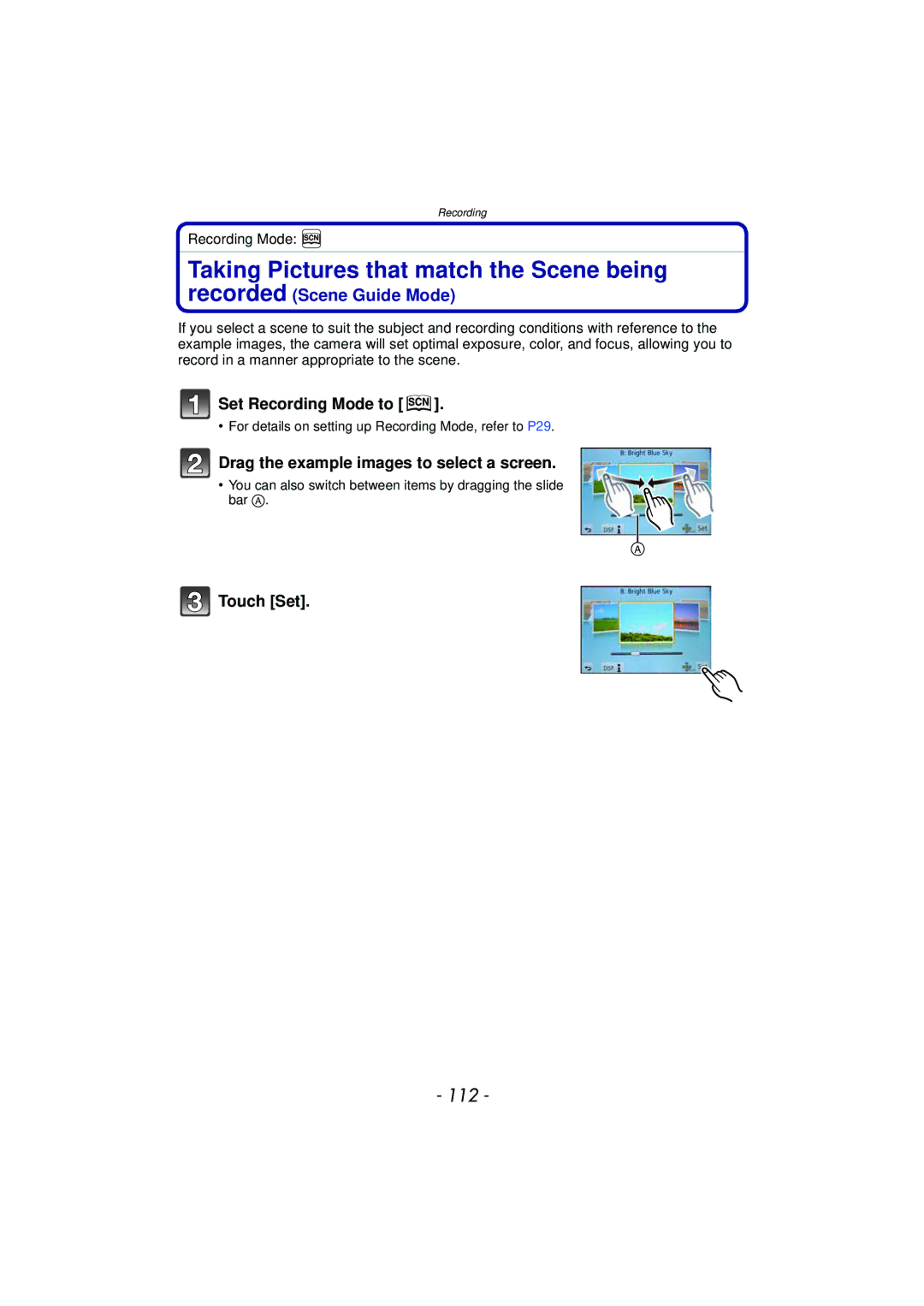 Panasonic DMC-GF5 owner manual Taking Pictures that match the Scene being, 112, Drag the example images to select a screen 