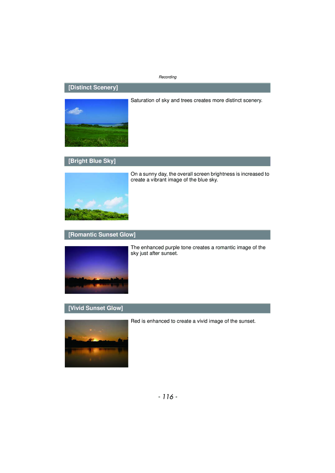 Panasonic DMC-GF5 owner manual 116, Distinct Scenery, Bright Blue Sky, Romantic Sunset Glow, Vivid Sunset Glow 