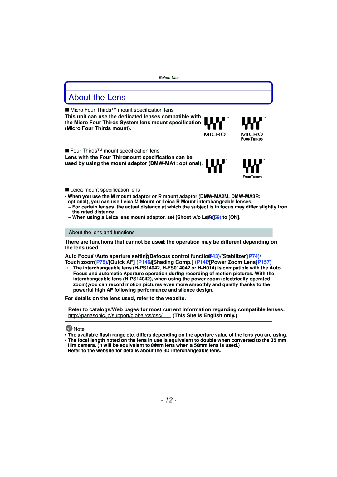 Panasonic DMC-GF5 owner manual About the Lens, Micro Four Thirds mount specification lens, Leica mount specification lens 