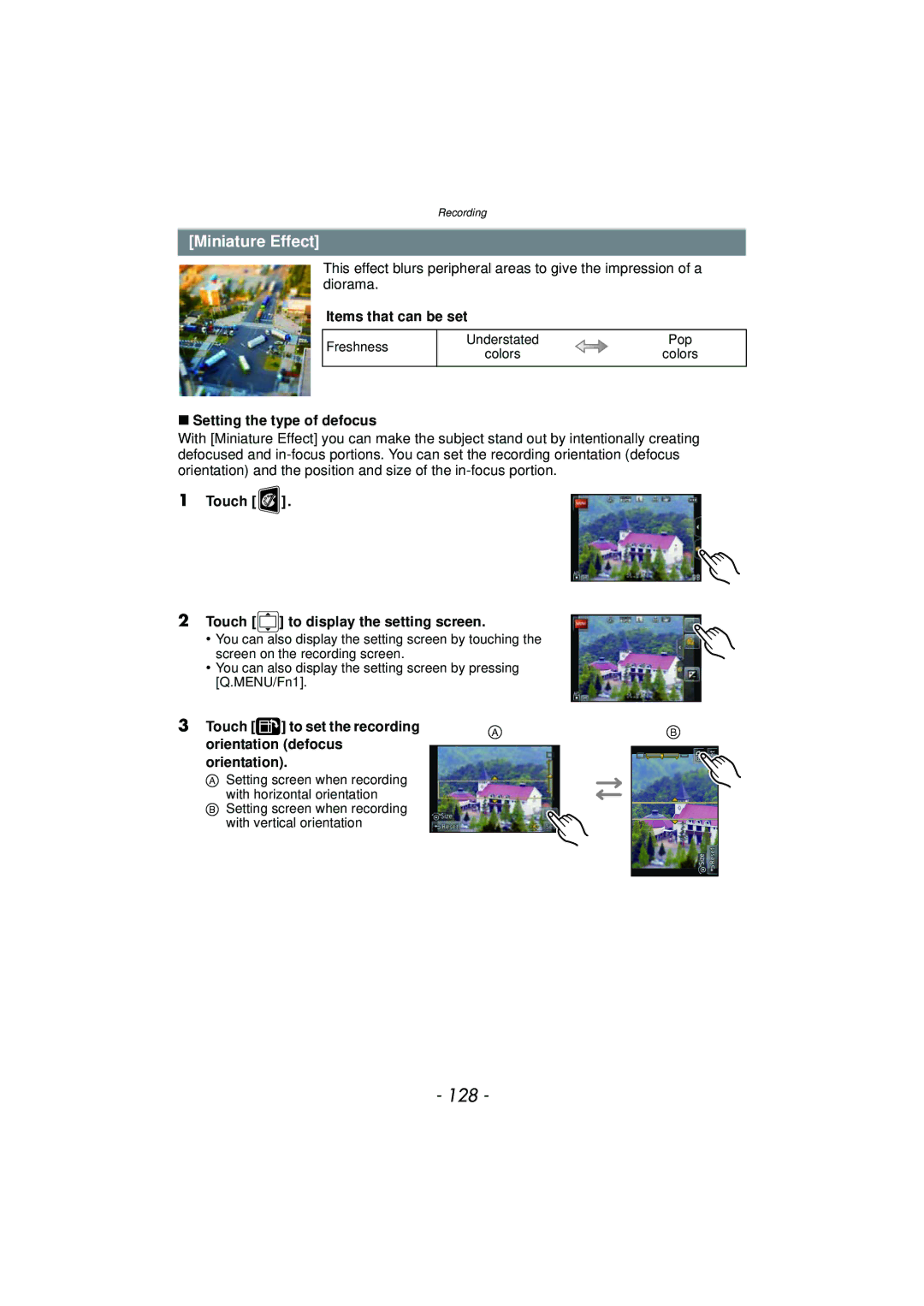 Panasonic DMC-GF5 owner manual 128, Miniature Effect, Setting the type of defocus, Touch to set the recording 