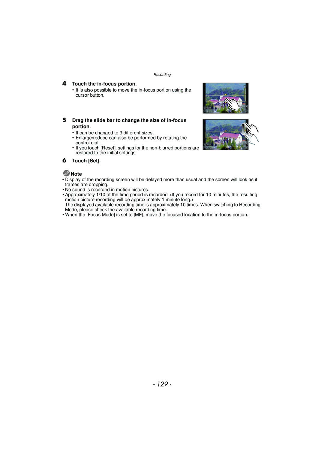 Panasonic DMC-GF5 owner manual 129, Touch the in-focus portion, Drag the slide bar to change the size of in-focus Portion 