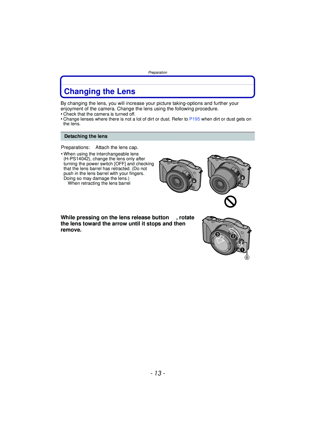 Panasonic DMC-GF5 owner manual Changing the Lens, Detaching the lens, Preparations Attach the lens cap 