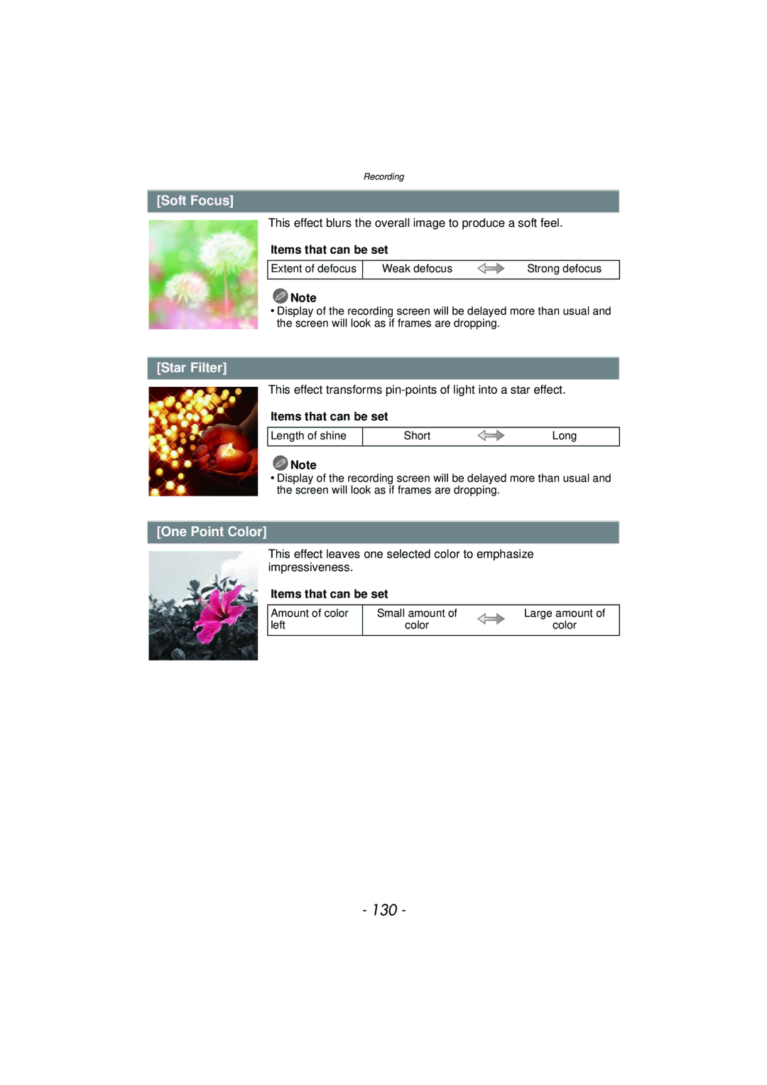 Panasonic DMC-GF5 owner manual 130, Soft Focus, Star Filter, One Point Color 