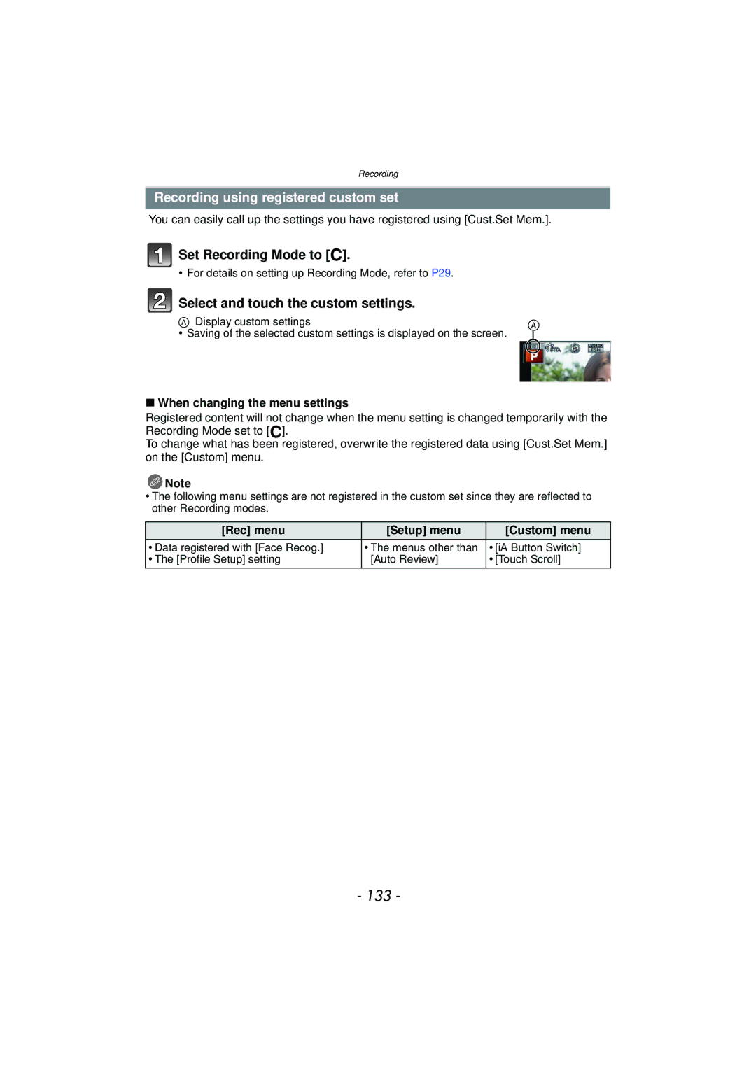 Panasonic DMC-GF5 owner manual 133, Recording using registered custom set, Select and touch the custom settings 