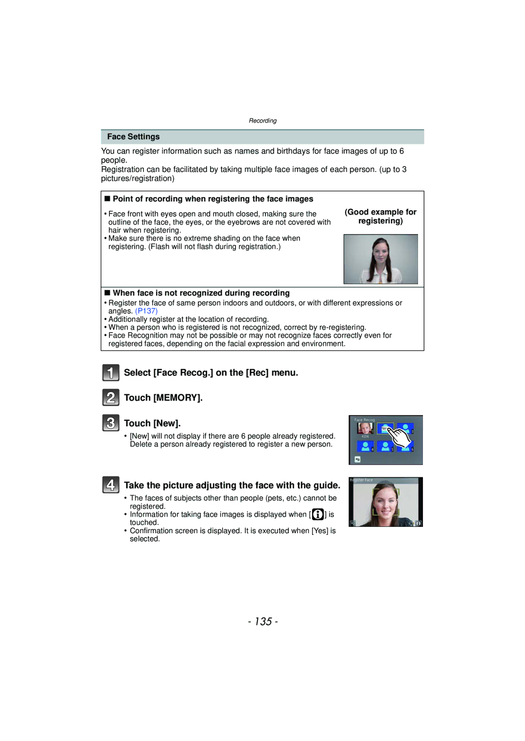 Panasonic DMC-GF5 owner manual 135, Select Face Recog. on the Rec menu Touch Memory Touch New, Face Settings 