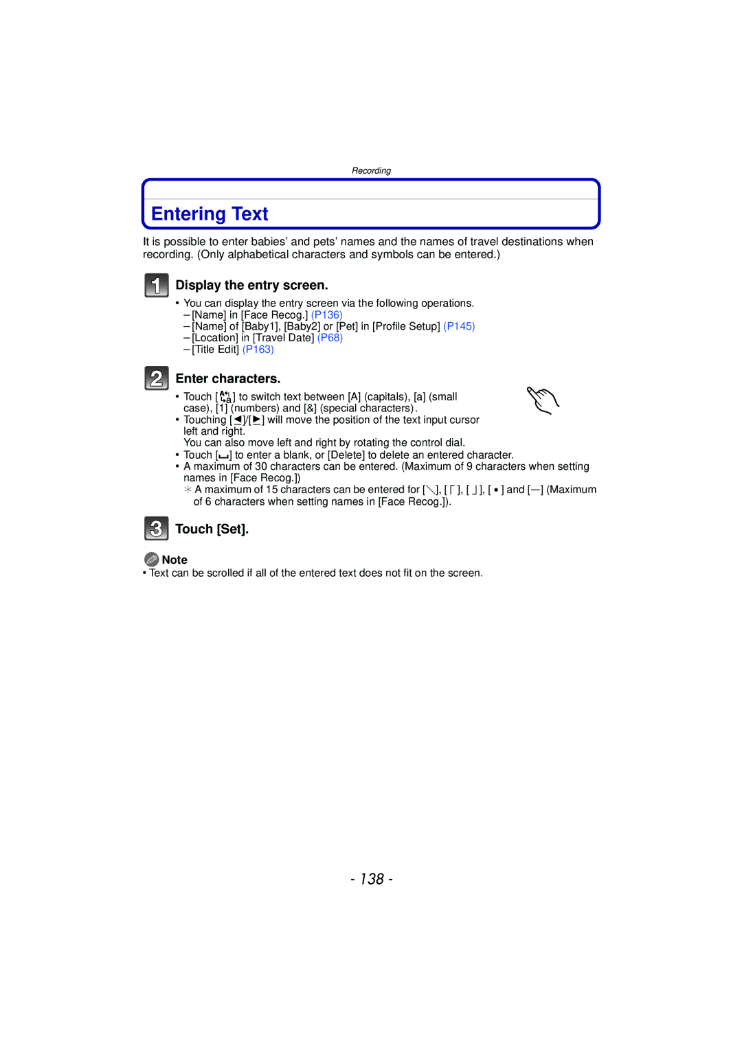 Panasonic DMC-GF5 owner manual Entering Text, 138, Display the entry screen, Enter characters 