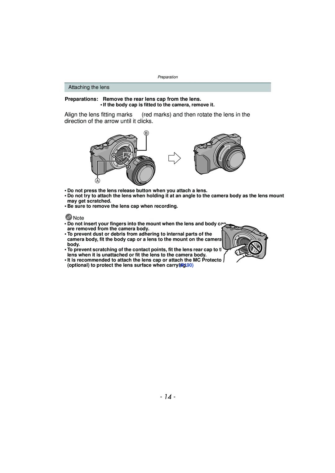 Panasonic DMC-GF5 owner manual Attaching the lens, Preparations Remove the rear lens cap from the lens 