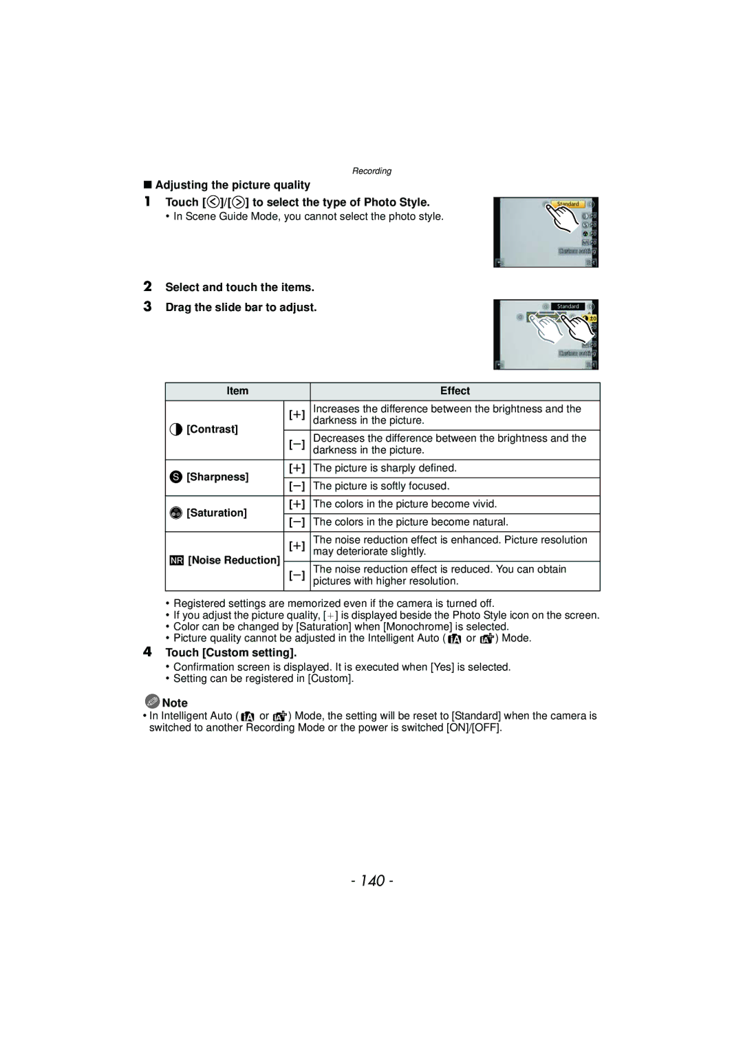 Panasonic DMC-GF5 owner manual 140, Select and touch the items Drag the slide bar to adjust, Touch Custom setting, Effect 