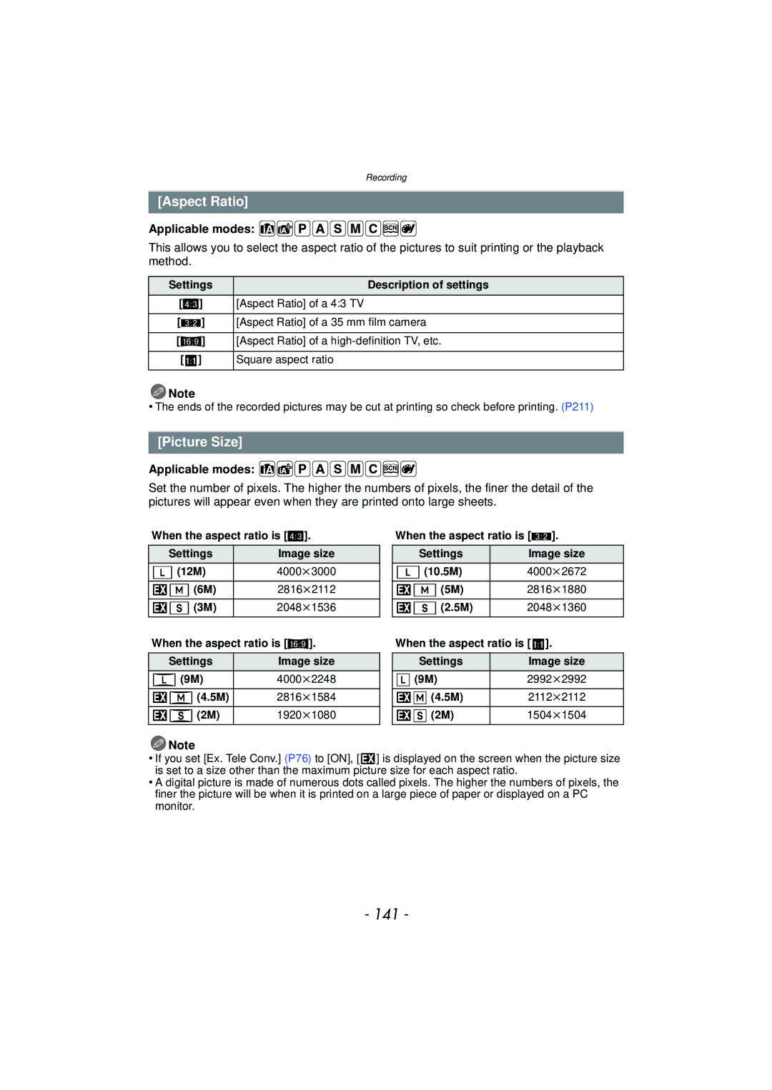 Panasonic DMC-GF5 owner manual 141, Aspect Ratio, Picture Size 