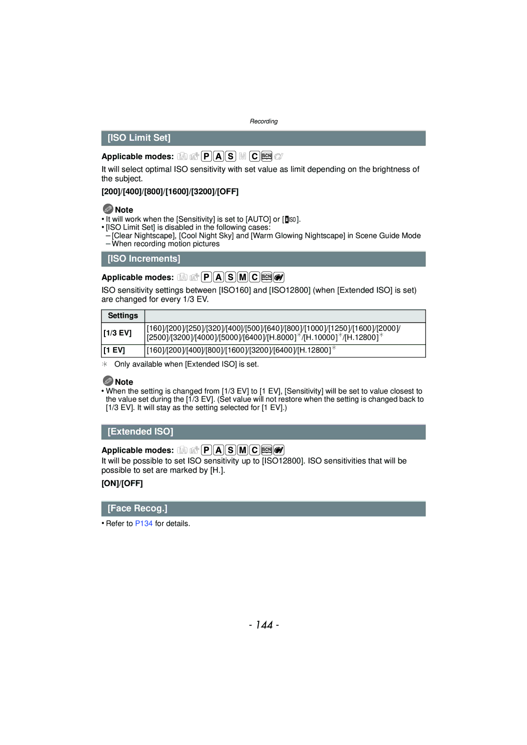 Panasonic DMC-GF5 owner manual 144, ISO Limit Set, ISO Increments, Extended ISO, Face Recog 