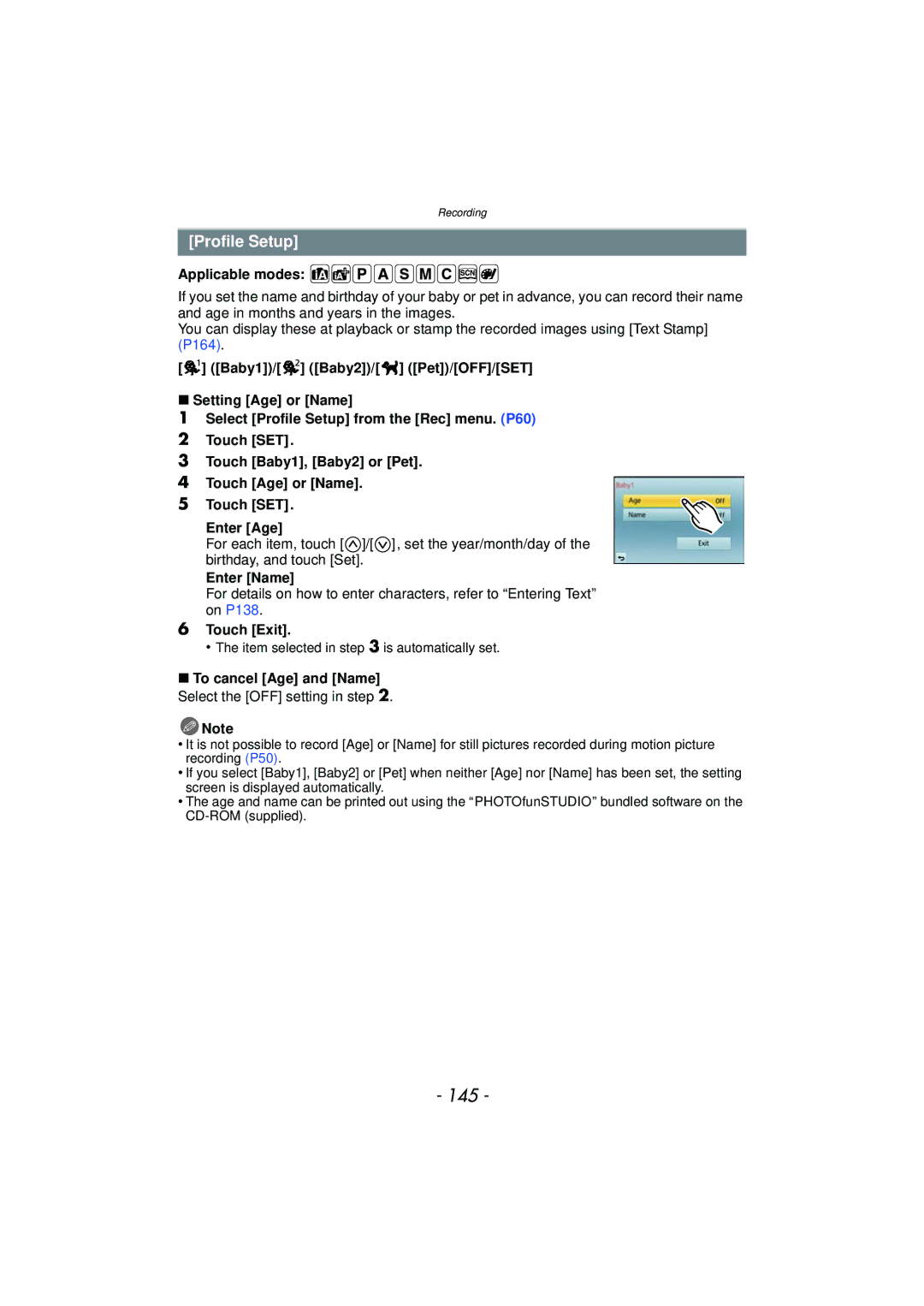 Panasonic DMC-GF5 145, Profile Setup, Enter Name, Touch Exit, To cancel Age and Name Select the OFF setting in step 