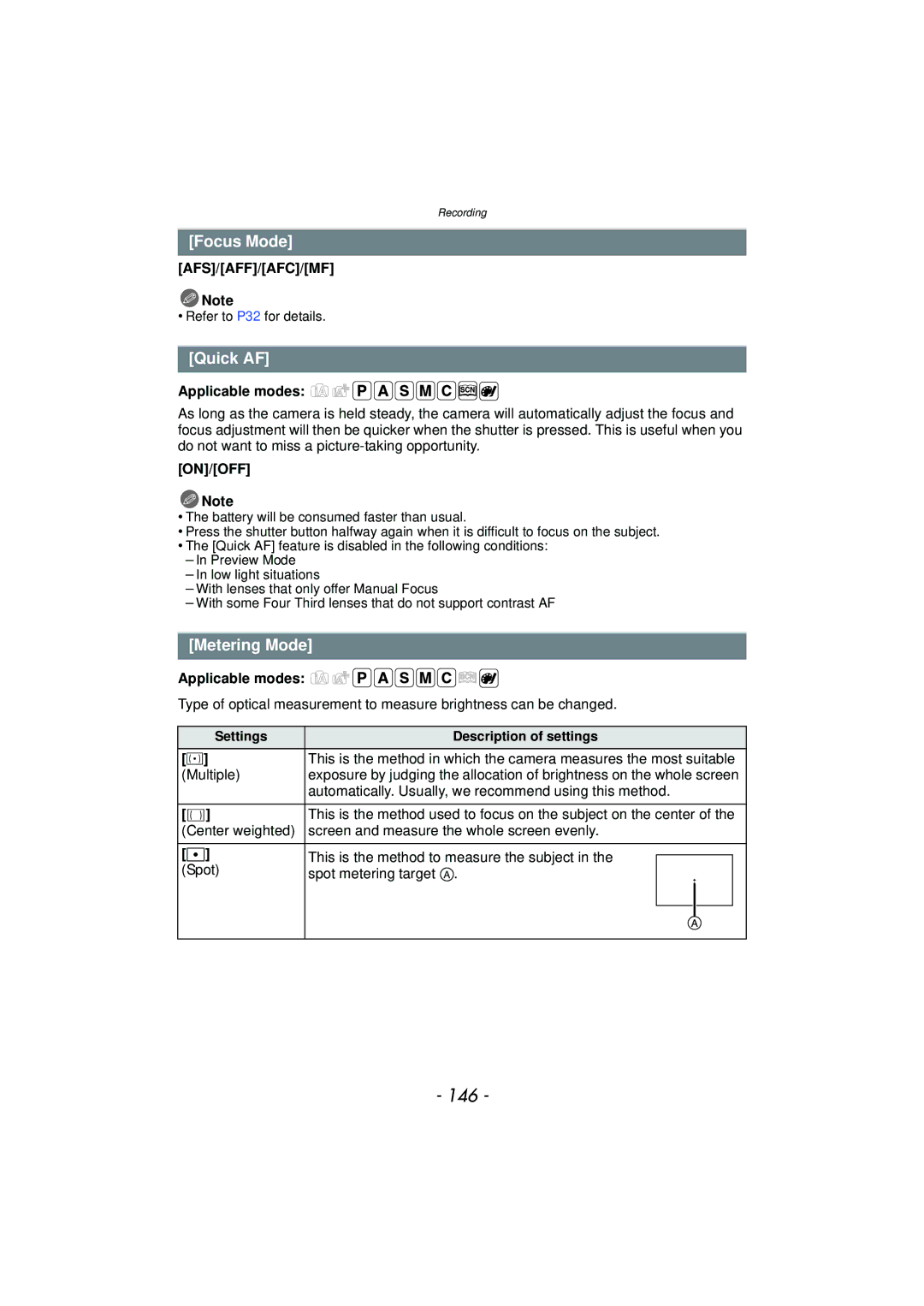 Panasonic DMC-GF5 owner manual 146, Focus Mode, Quick AF, Metering Mode, Afs/Aff/Afc/Mf 