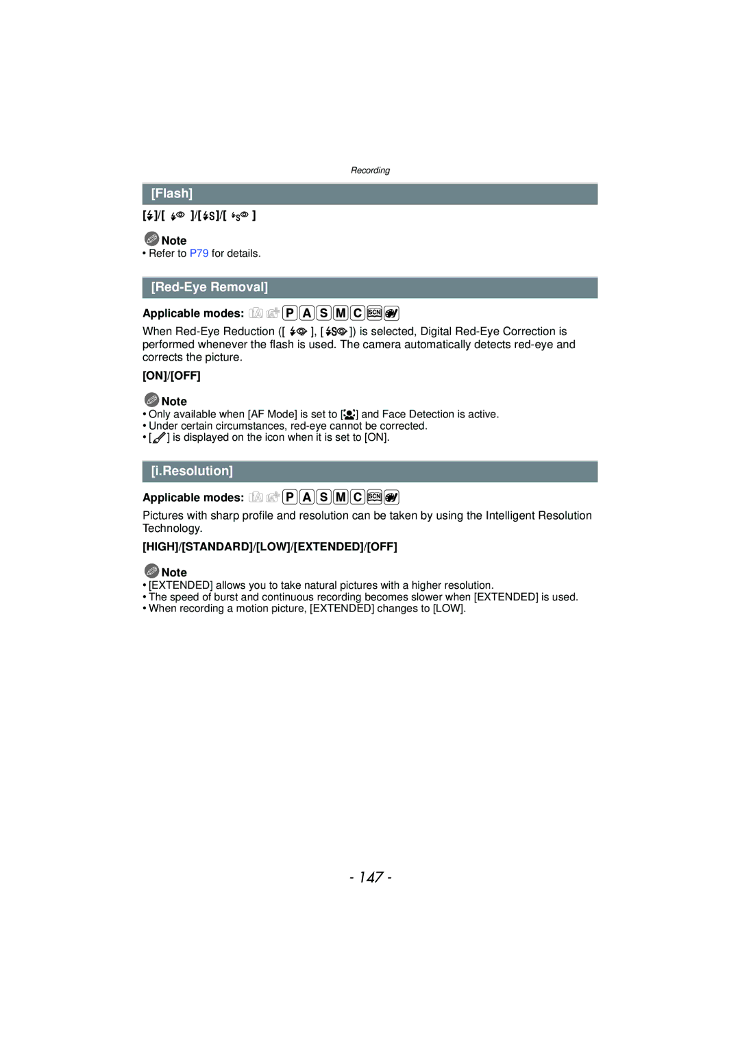 Panasonic DMC-GF5 owner manual 147, Flash, Red-Eye Removal, Resolution 