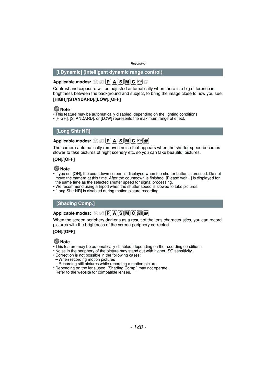 Panasonic DMC-GF5 owner manual 148, Dynamic Intelligent dynamic range control, Long Shtr NR, Shading Comp 