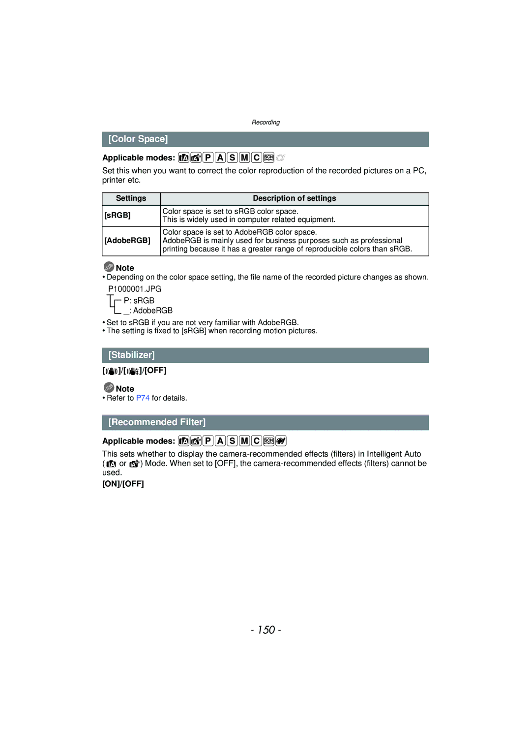 Panasonic DMC-GF5 owner manual 150, Color Space, Stabilizer, Recommended Filter, OFF Note 