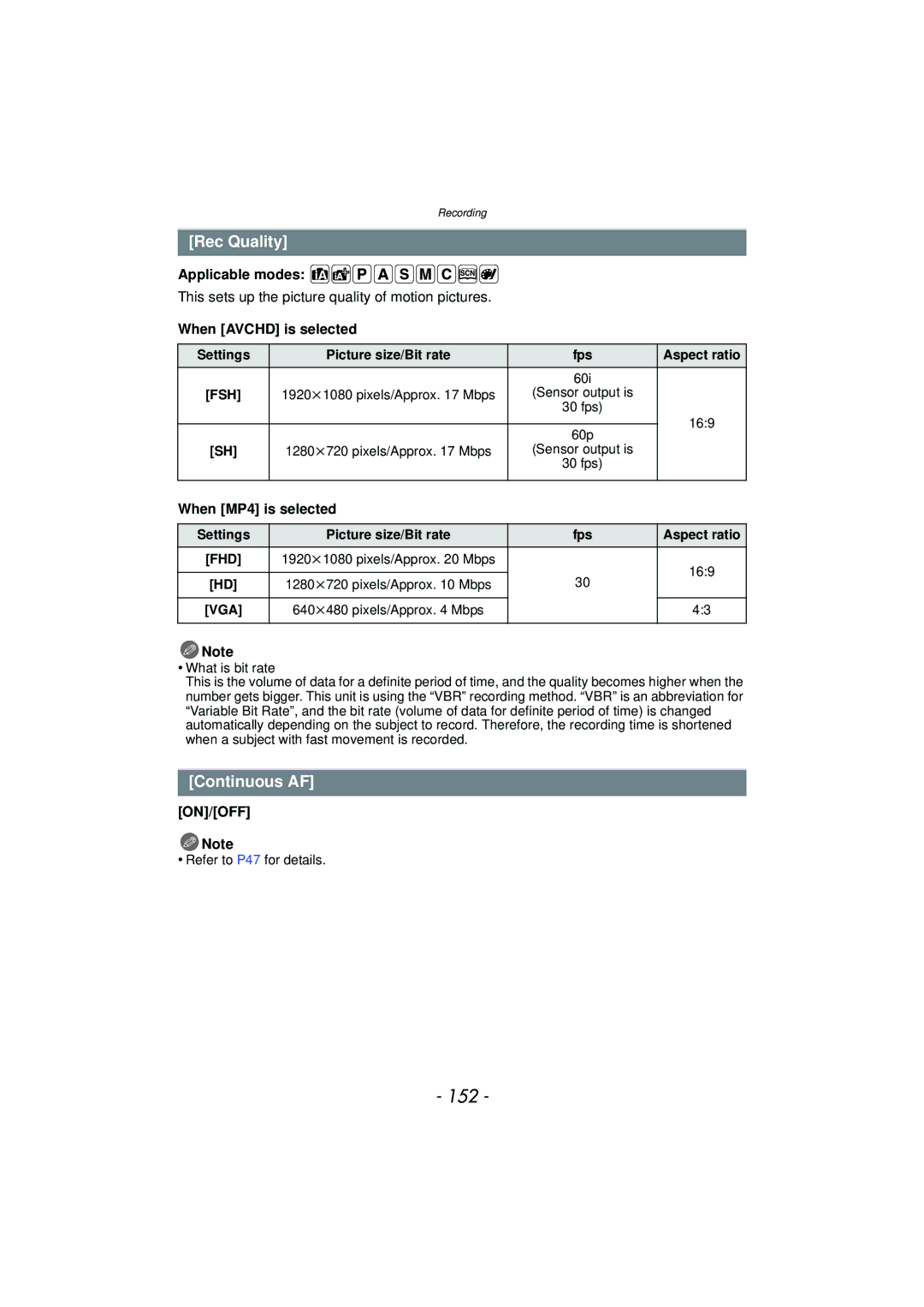 Panasonic DMC-GF5 owner manual 152, Rec Quality, Continuous AF, When Avchd is selected, When MP4 is selected 