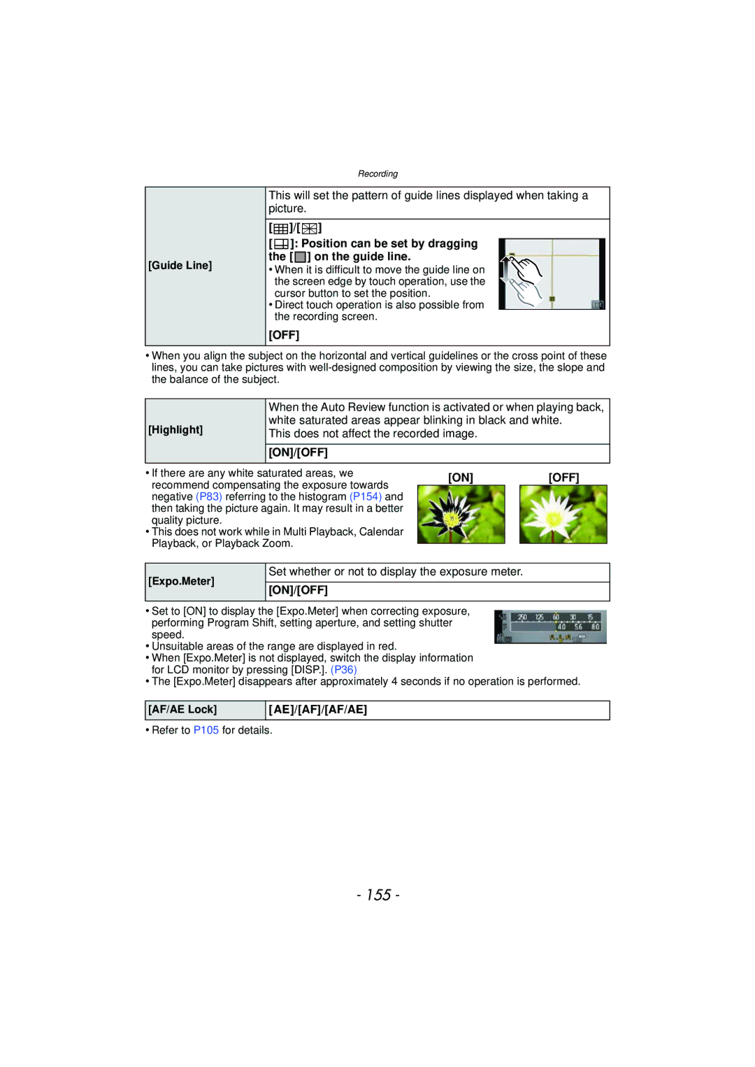 Panasonic DMC-GF5 owner manual 155, Position can be set by dragging the on the guide line, Ae/Af/Af/Ae 