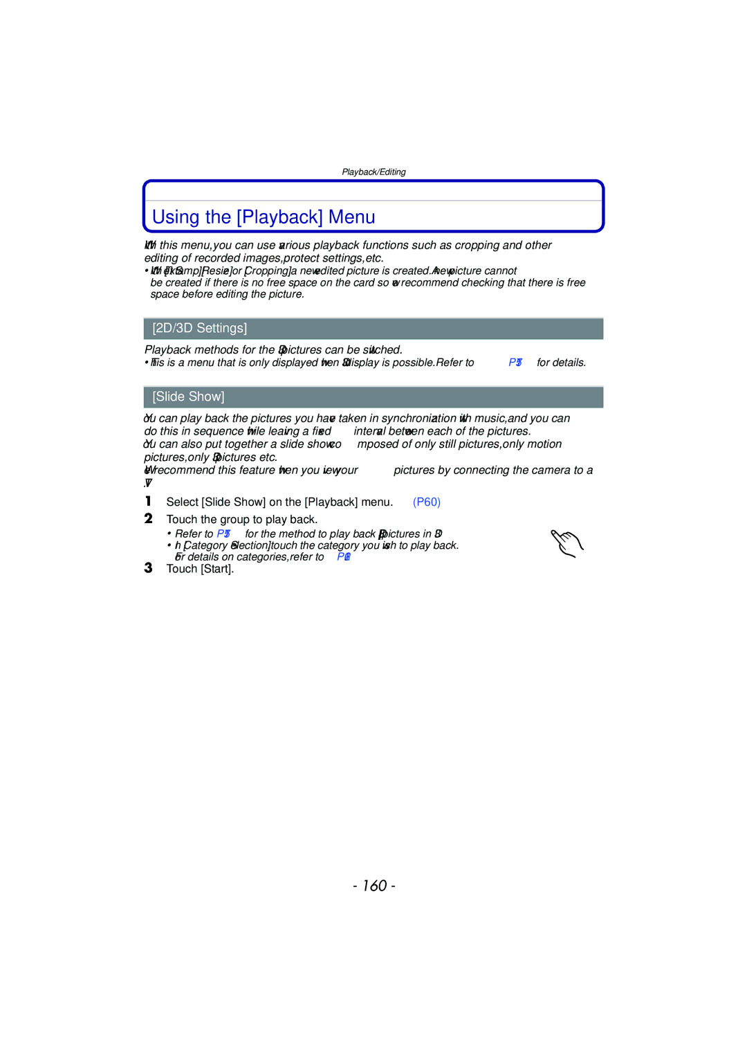 Panasonic DMC-GF5 owner manual Using the Playback Menu, 160, 2D/3D Settings, Slide Show, Touch Start 