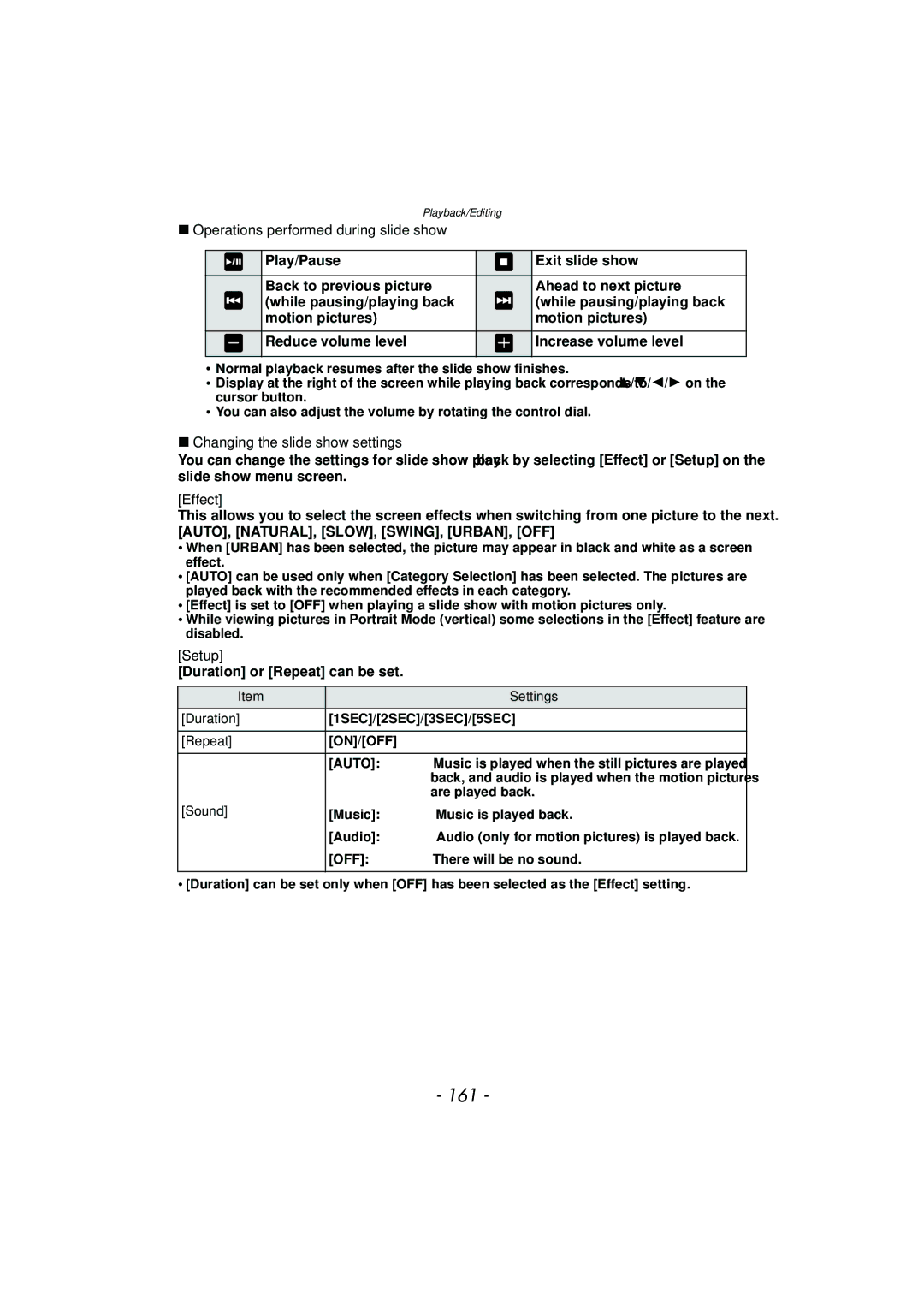 Panasonic DMC-GF5 owner manual 161, Operations performed during slide show, Changing the slide show settings, Effect 