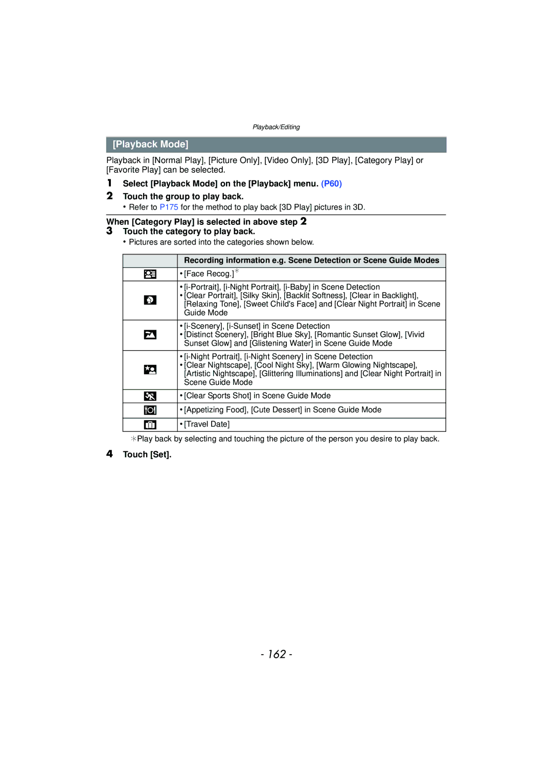 Panasonic DMC-GF5 owner manual 162, Playback Mode 