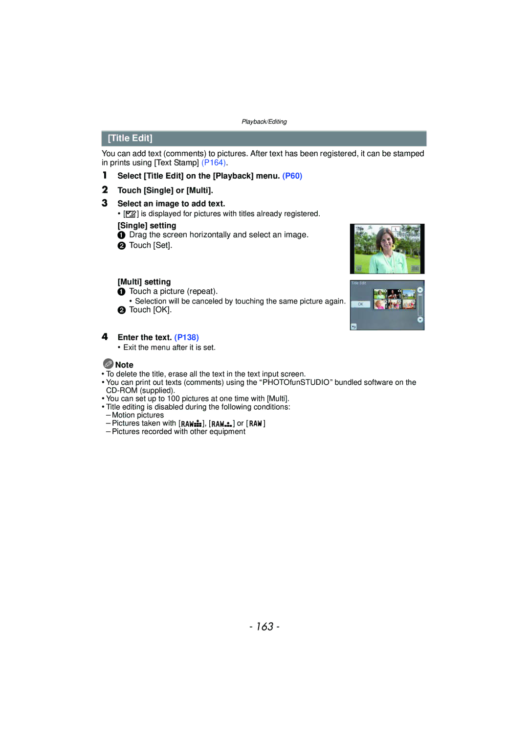 Panasonic DMC-GF5 owner manual 163, Title Edit, Single setting, Multi setting, Enter the text. P138 