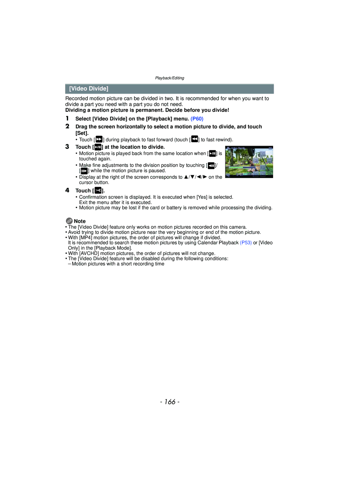 Panasonic DMC-GF5 owner manual 166, Video Divide, Touch at the location to divide 