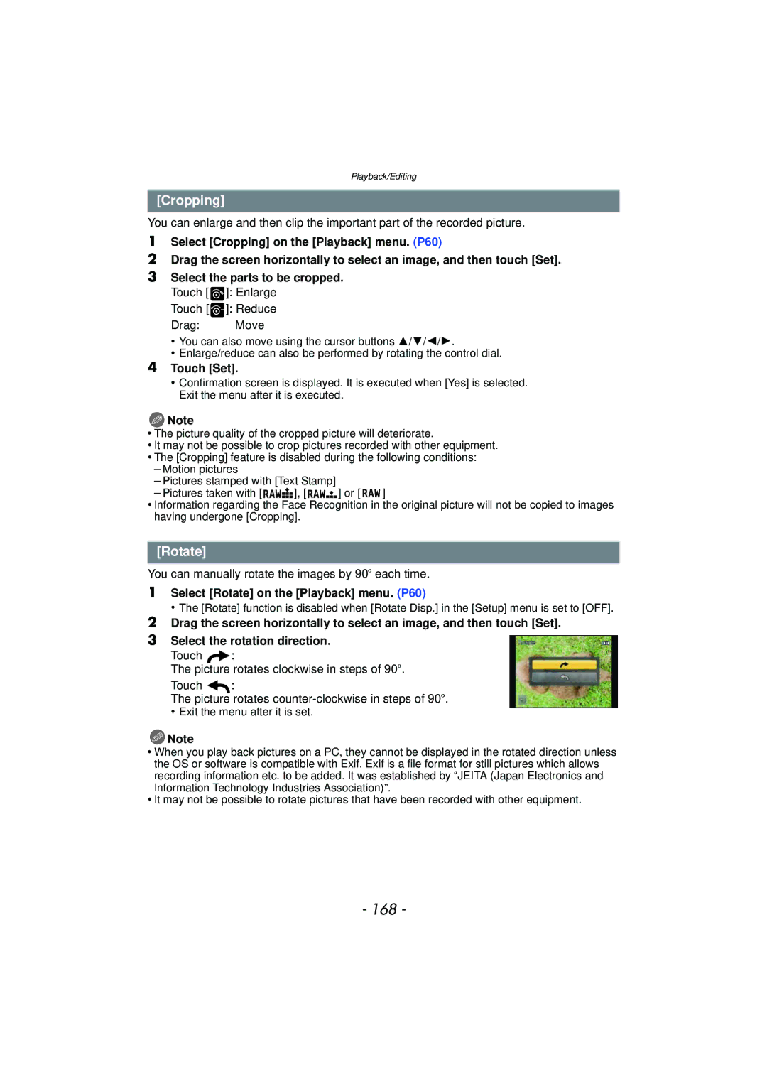 Panasonic DMC-GF5 owner manual 168, Cropping, Select Rotate on the Playback menu. P60 