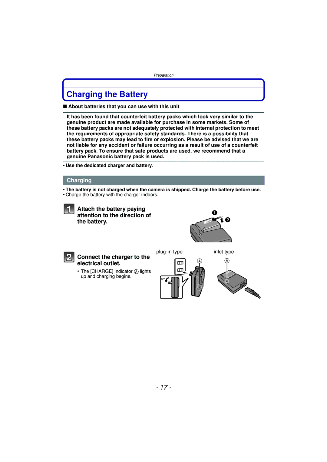 Panasonic DMC-GF5 owner manual Charging the Battery, Connect the charger to the electrical outlet, Plug-in type Inlet type 