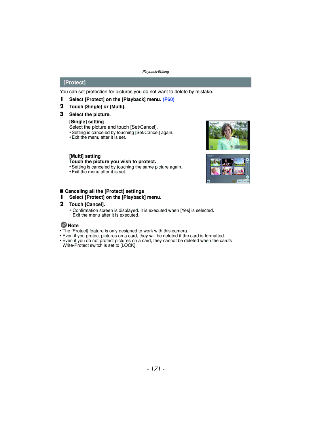Panasonic DMC-GF5 owner manual 171, Protect, Multi setting Touch the picture you wish to protect 