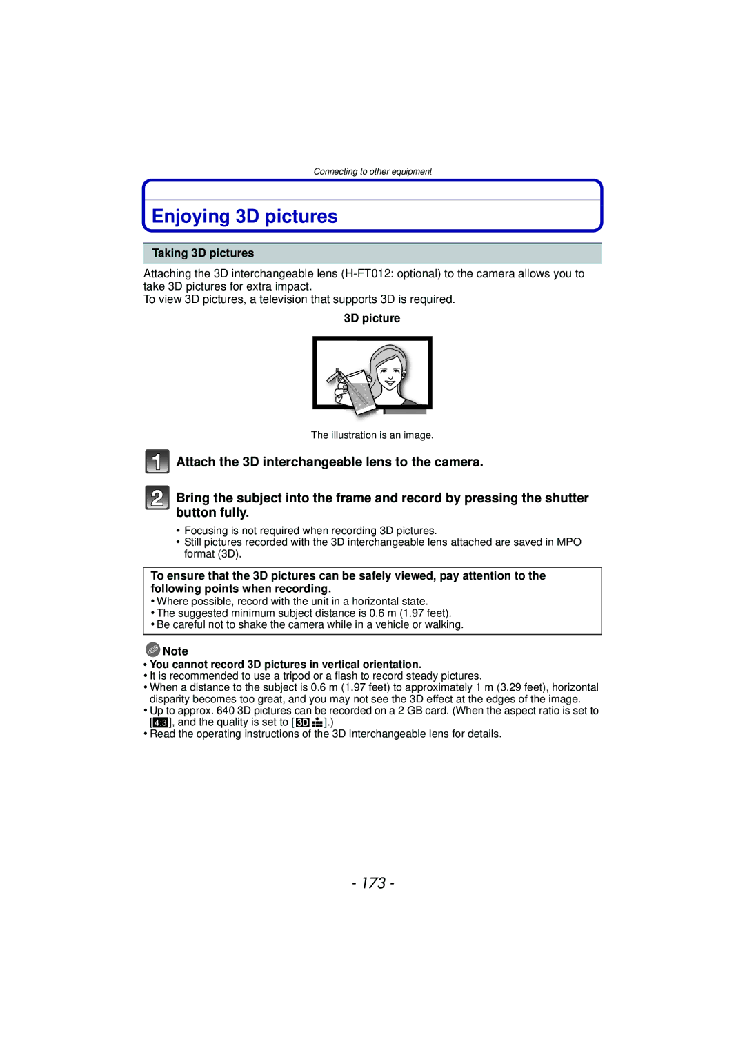 Panasonic DMC-GF5 Enjoying 3D pictures, 173, Taking 3D pictures, You cannot record 3D pictures in vertical orientation 