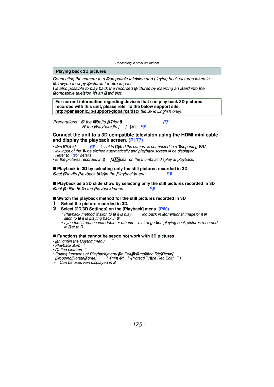 Panasonic DMC-GF5 owner manual 175, Playing back 3D pictures, Functions that cannot be set/do not work with 3D pictures 