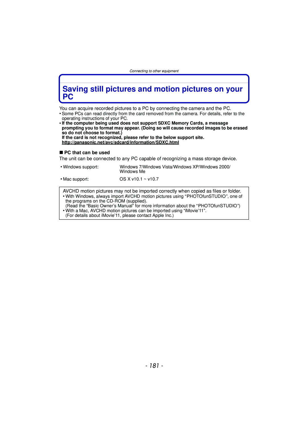 Panasonic DMC-GF5 owner manual Saving still pictures and motion pictures on your, 181, PC that can be used 