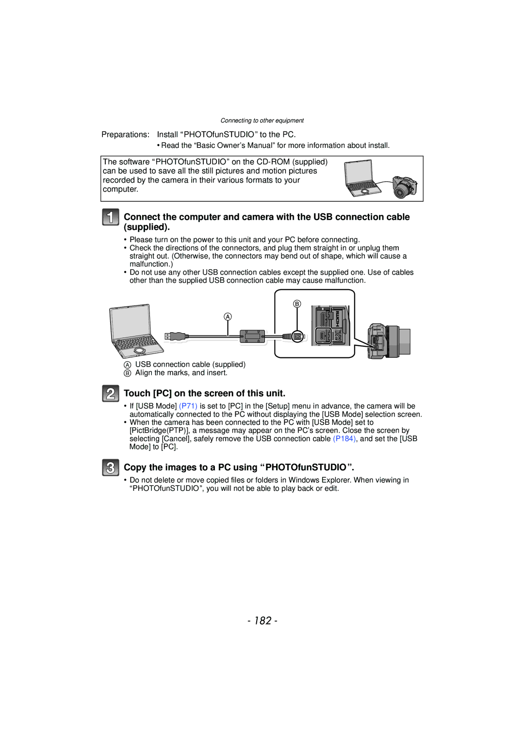 Panasonic DMC-GF5 owner manual 182, Touch PC on the screen of this unit, Copy the images to a PC using PHOTOfunSTUDIO 