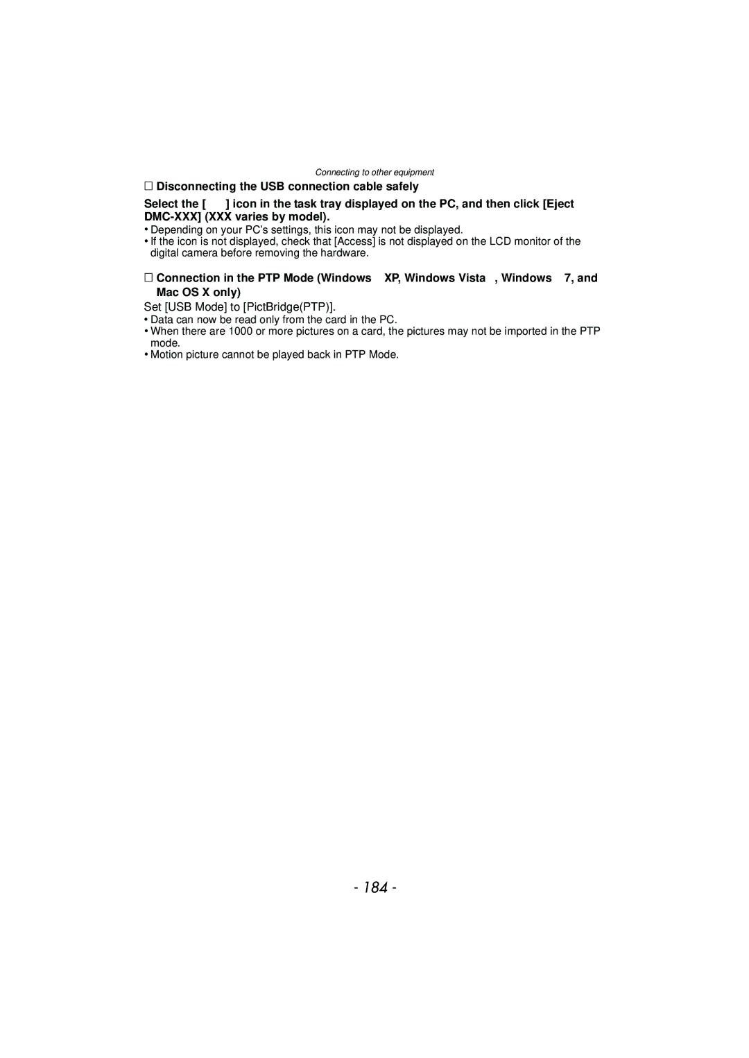 Panasonic DMC-GF5 owner manual 184, Set USB Mode to PictBridgePTP 