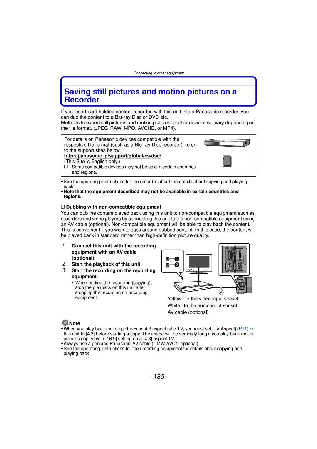 Panasonic DMC-GF5 Saving still pictures and motion pictures on a Recorder, 185, Dubbing with non-compatible equipment 