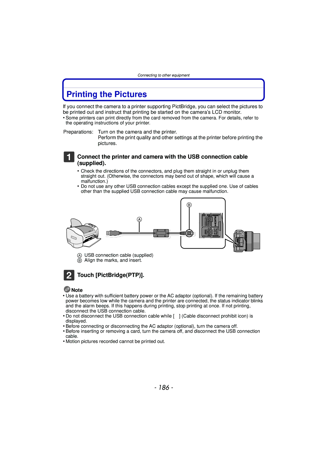 Panasonic DMC-GF5 owner manual Printing the Pictures, 186, Touch PictBridgePTP 