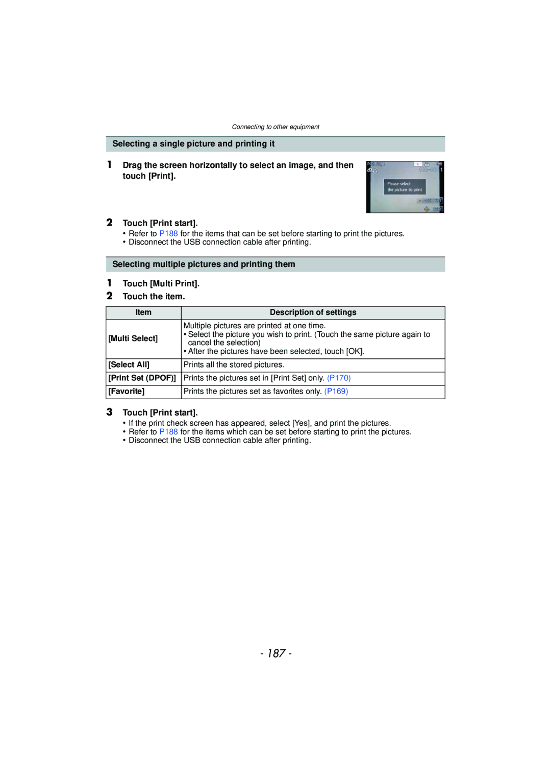 Panasonic DMC-GF5 owner manual 187, Multi Select, Select All, Print Set Dpof, Favorite 