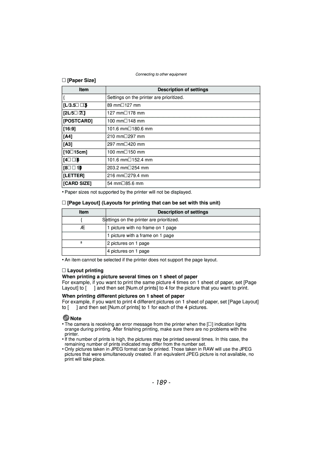 Panasonic DMC-GF5 owner manual 189, Paper Size, Layout Layouts for printing that can be set with this unit 