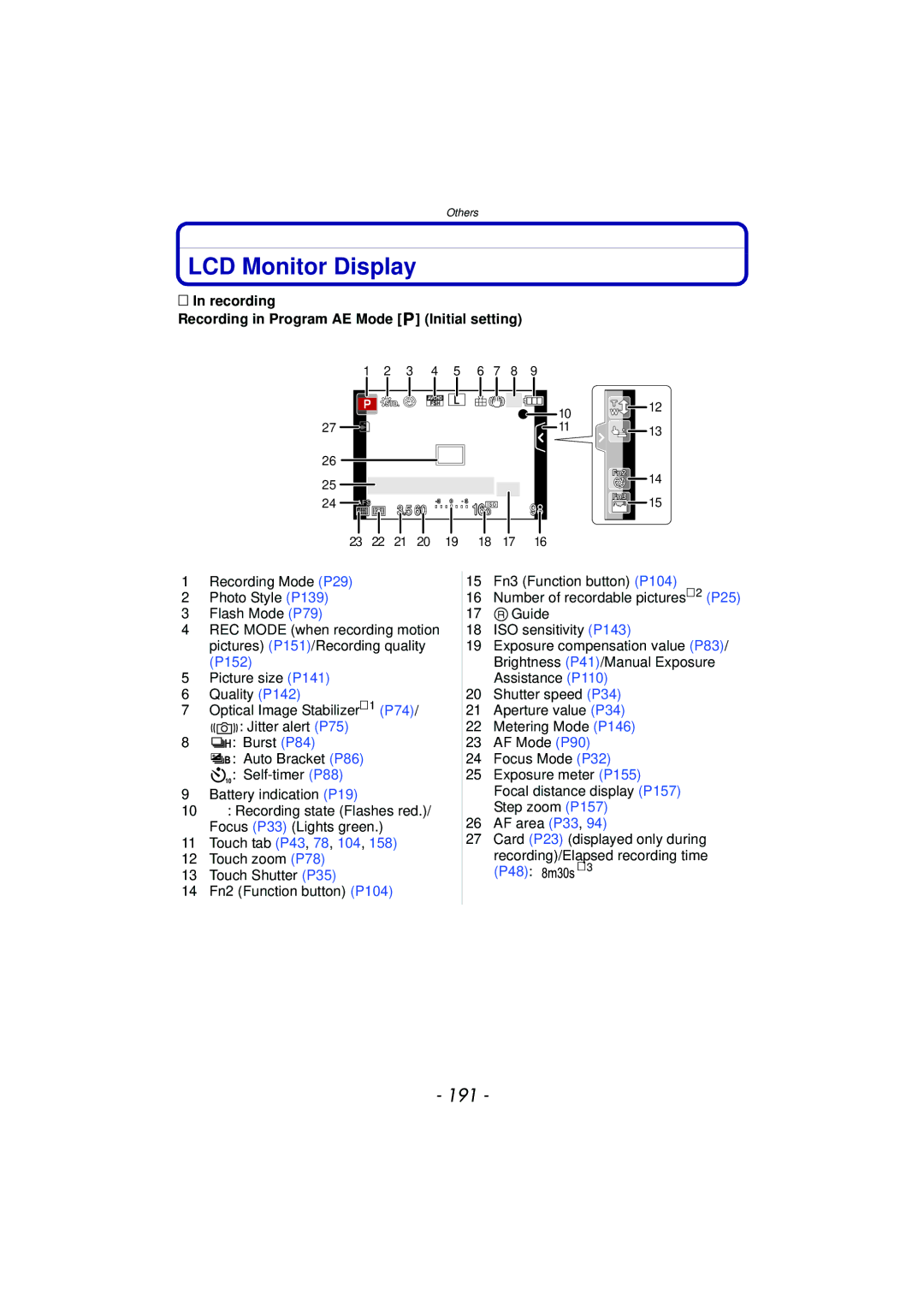 Panasonic DMC-GF5 owner manual LCD Monitor Display, 191, Recording Recording in Program AE Mode Initial setting 