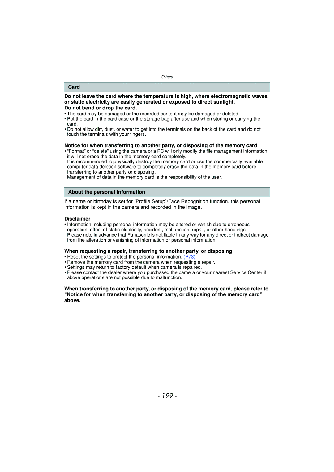 Panasonic DMC-GF5 owner manual 199, Card, Do not bend or drop the card, About the personal information, Disclaimer 