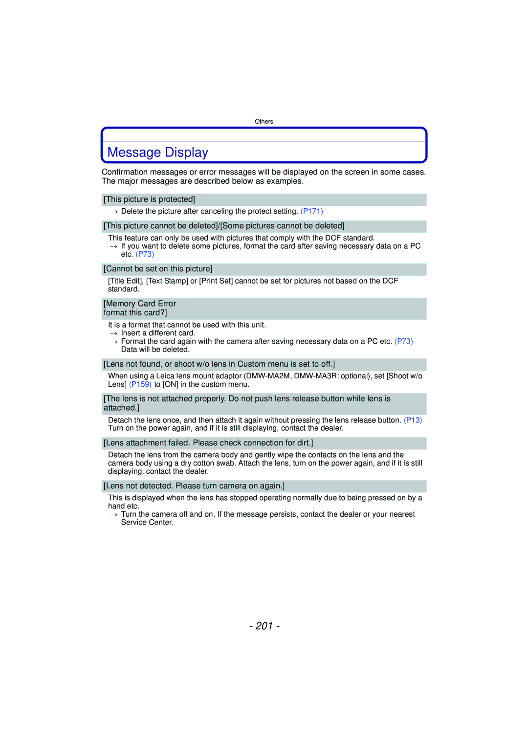 Panasonic DMC-GF5 owner manual Message Display, 201 