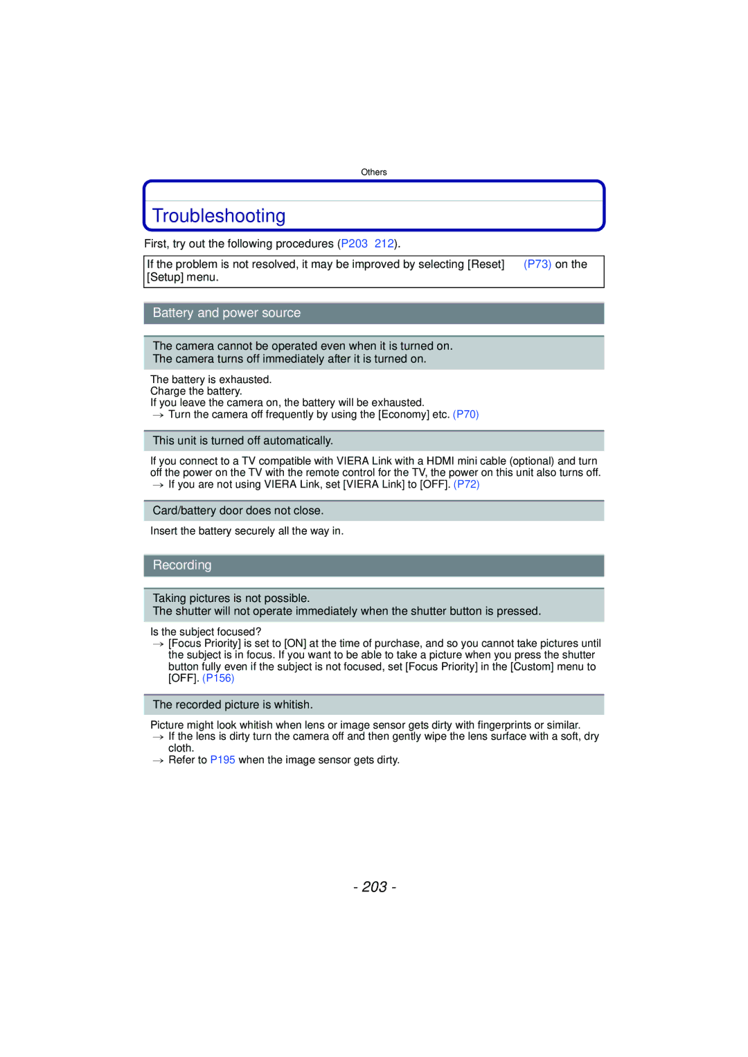 Panasonic DMC-GF5 owner manual Troubleshooting, 203, Battery and power source, Recording 