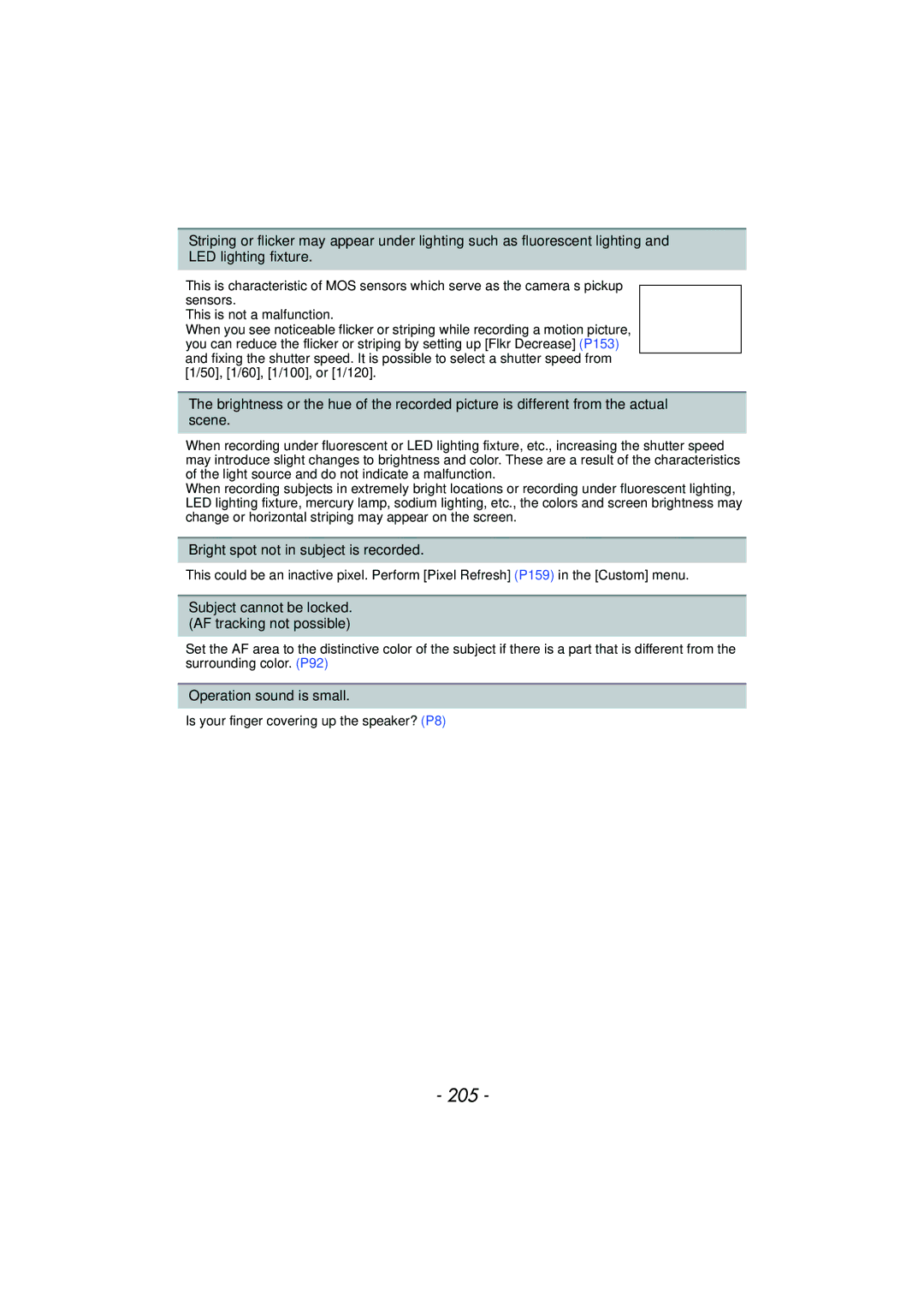 Panasonic DMC-GF5 owner manual 205, Bright spot not in subject is recorded, Operation sound is small 