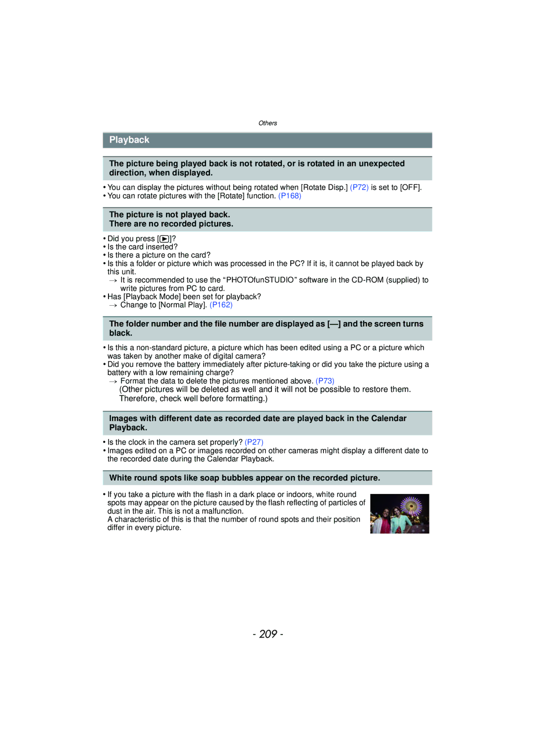 Panasonic DMC-GF5 owner manual 209, Playback, Picture is not played back There are no recorded pictures 