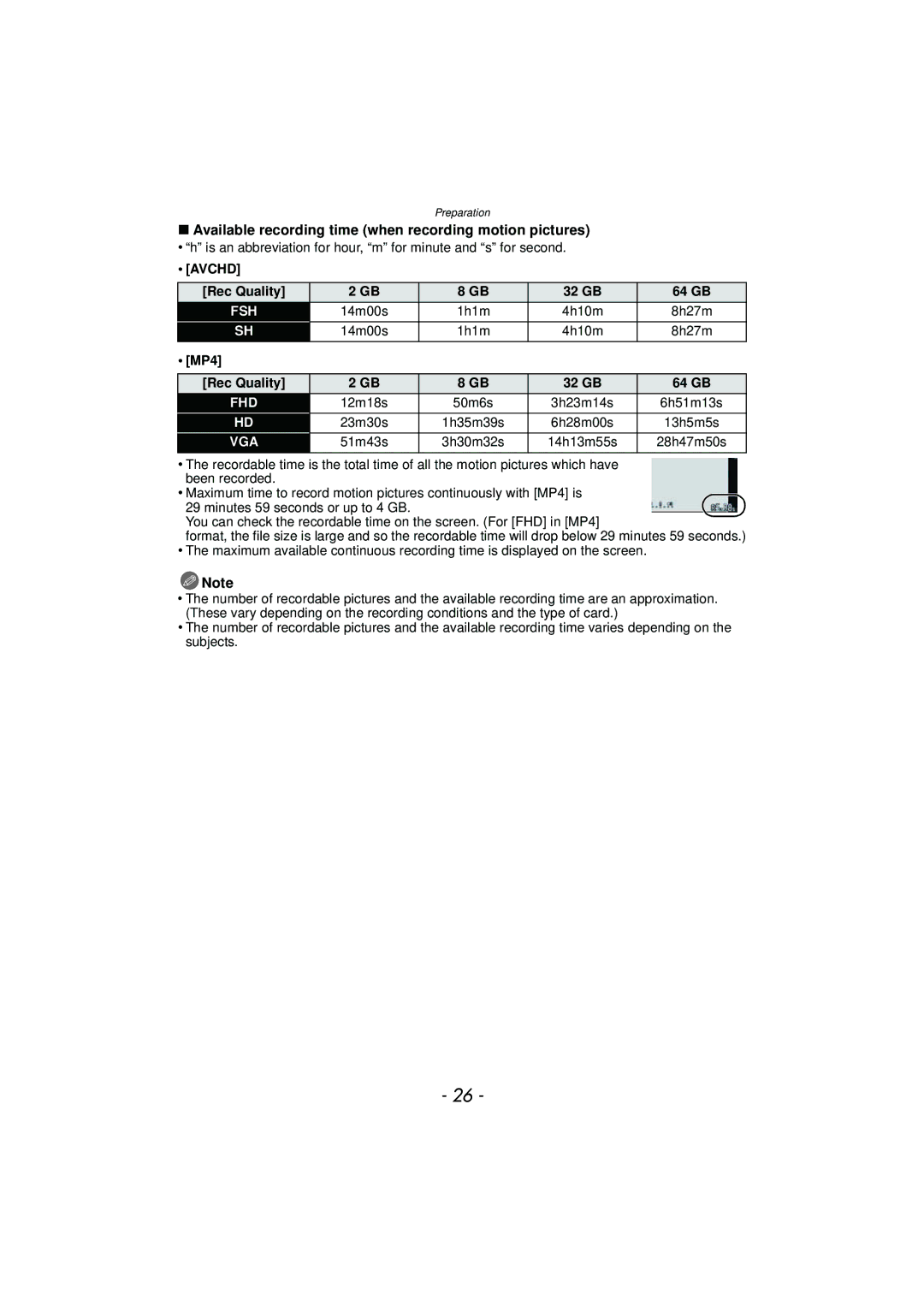 Panasonic DMC-GF5 owner manual Available recording time when recording motion pictures, Rec Quality 32 GB 64 GB 